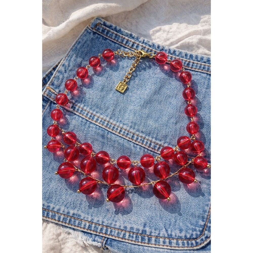 Vintage Zenzii Pink Bib Necklace Statement Acrylic Bead Fringe Chunky Signed